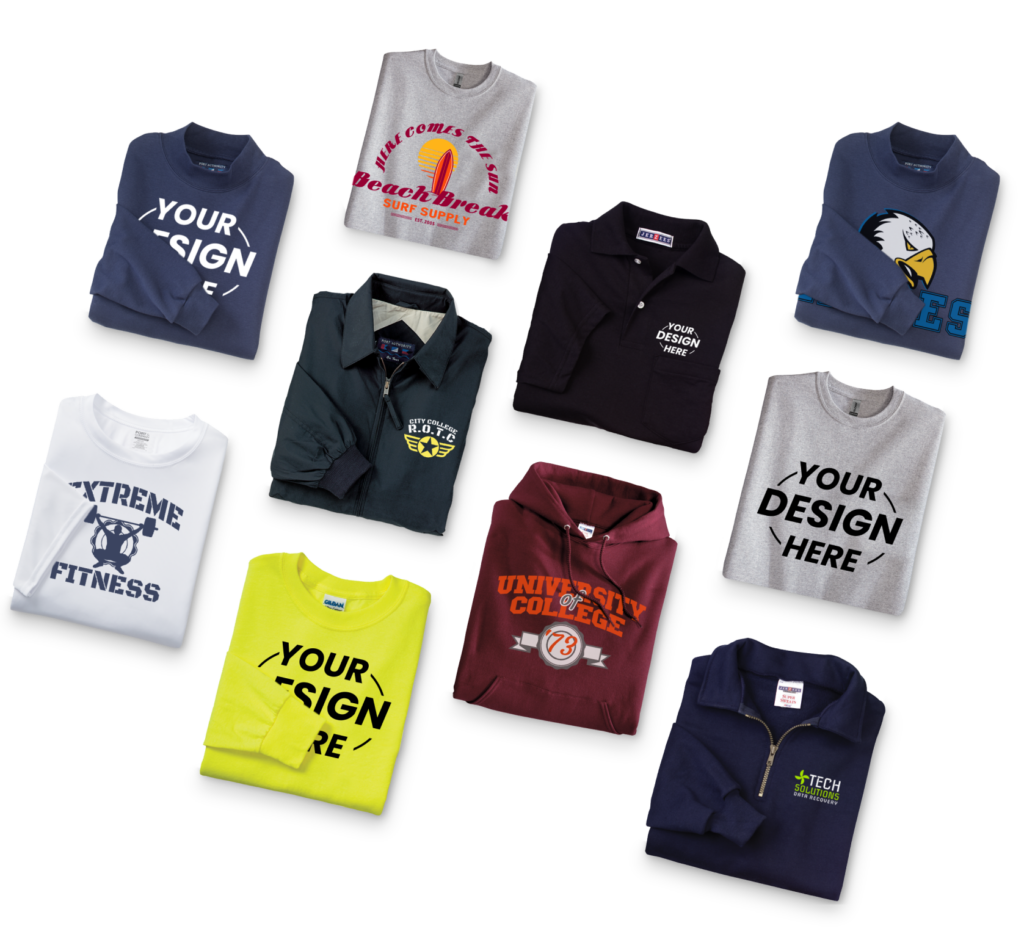 Small business team wearing custom t-shirt printing polos with their company logo